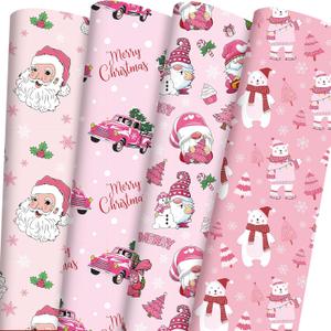 INCOK Pink Christmas Wrapping Paper - 12 Sheet Winter Santa Snowman Gift Wrap Paper Snowflake Star Cute Xmas DIY Craft Art Paper for Boys Girls Kids Merry Christmas Party Supplies, 19.7 x 27.6 Inch