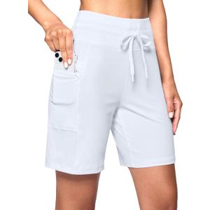 Women's 7" Athletic Hiking Long Shorts with Pockets High Waisted Stretchy | Bermuda Shorts for Women, Workout, Casual (White, L)
