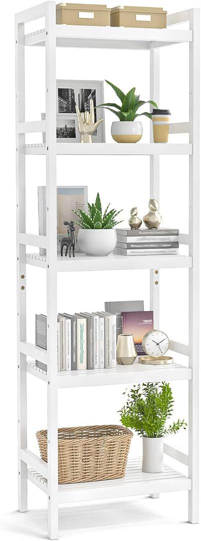 Homykic Bamboo Bookshelf, 5-Tier Narrow 55.9 Adjustable Book Shelf Bookcase Bathroom Shelves Freestanding Storage Stand for Living Room, Bedroom, Kitchen, Rust Resistance, Easy Assembly, White, 17.7"Wx12.4"Dx55.9"H