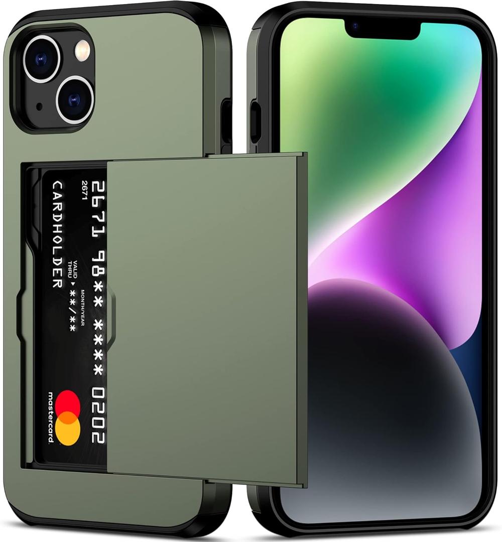 Nvollnoe for iPhone 14 Plus Case with Card Holder Heavy Duty Protective Dual Layer Shockproof Hidden Card Slot Slim Wallet Cover for iPhone 14 Plus for Women&Men(Green) (Green-Regular Storage)