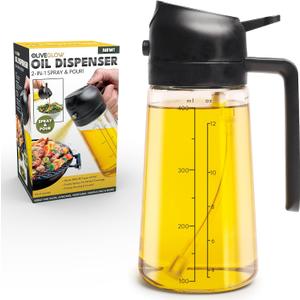 Olive Glow Cooking Oil Dispenser, 400 mL 2-in-1 Spray & Pour Glass Bottle, Leakproof & Refillable for Air Frying, Roasting, Grilling, Fine Mist for Salads, Works with All Types of Cooking Oils