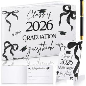Yingzhao Leather Graduation Guest Book with Wood Table Sign and Signature Pen 144 Pages Class of 2026 Graduation Signature Book Grad Guest Scrapbook College Party Supplies(Black,Black Bow)
