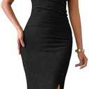 MITILLY Women Summer Formal Wedding Guest Dress Elegant High Neck Sleeveless Ruched Bodycon Midi Dress with Side Slit black XL