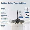 Coolbull Outdoor Ceiling Fans with Light for Patios, 20'' Gazebo Fan, Plug in Ceiling Fan, Waterproof, Remote&APP Control, Hanging with Hook, Black