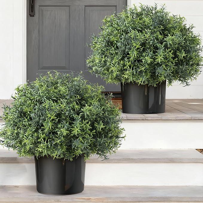 2 Sets Artificial Rosemary Topiary Ball Trees for Front Door UV Resistant Faux Outdoor Rosemary Bushes, Fake Spring/Summer Greenery Potted Plants for Farmhouse Garden Porch Outside Decor, 17"D x 17"W x 17"H