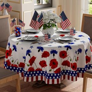 XCHI America Stars Red Blue Flowers Patriotic 4th of July Memorial Day Independence Day Tablecloth Round Washable Table Covers for Home Party Decorations 60x60 Inch
