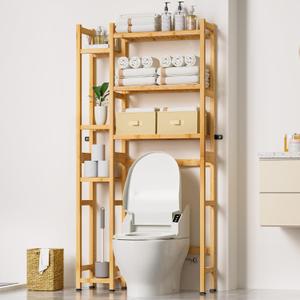 Homde Over The Toilet Storage with Basket and Drawer, Bamboo Bathroom Organizer with Adjustable Shelf & Waterproof Feet Pad, Space Saver Rack for Restroom, Laundry,Natural, 31.1 x 9.17 x 65.35 inches