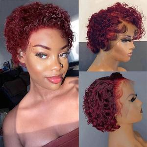 Burgundy Short Curly Pixie Cut Lace Front Wigs 6 Inch Human Hair 13X1 HD Lace Front Wigs Pre Plucked with Baby Hair for Black Women (6 Inch, Burgundy)