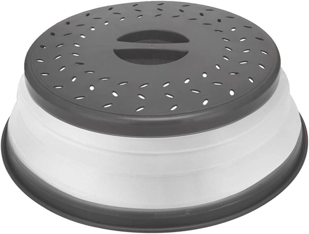 Microwave Splatter Cover Collapsible Microwave Cover for Food, Easy Grip Fruit Drainer BPA-Free Dishwasher Safe 10.5 inch,Grey