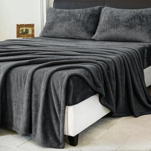 Faux Fur Queen Sheet Set, Luxury Soft Fleece Bed Sheets, Fluffy Plush Velvet Sheets Fuzzy Bedding Sheets for Fall and Winter, Cozy Warm, No Shedding, 4PC, Dark Grey