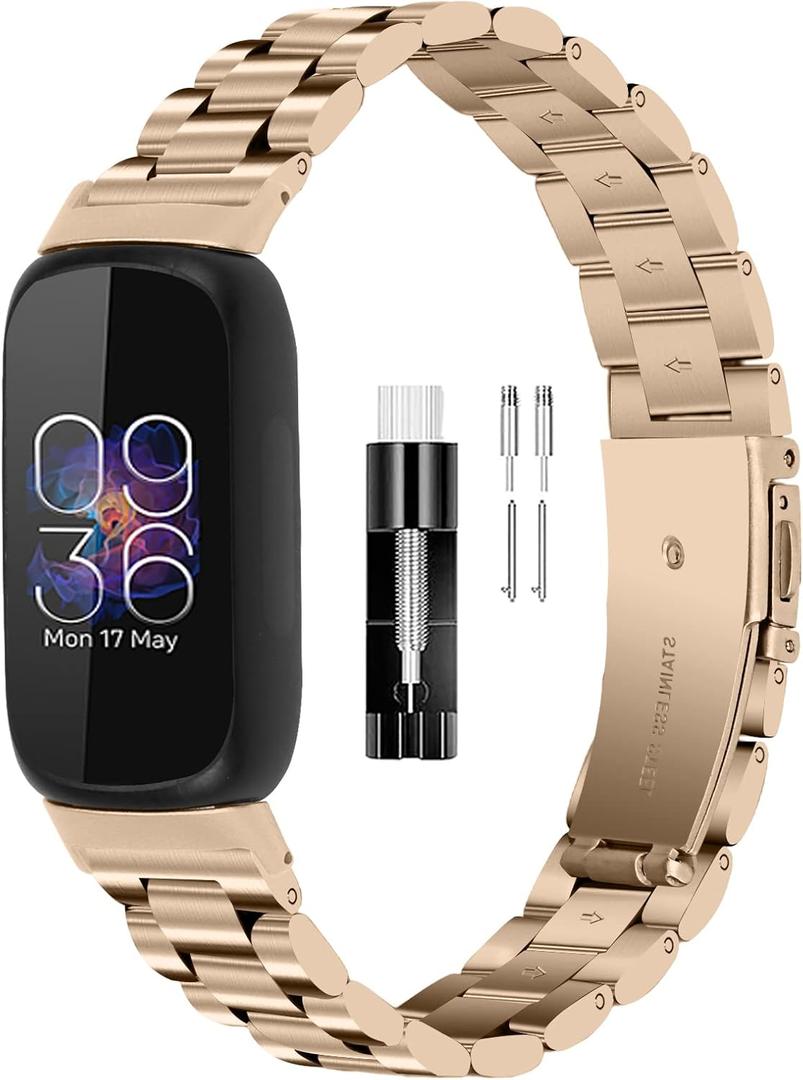 FitTurn Bands Compatible with Fitbit inspire 3 Metal Stainless Steel Watch Band Replacement Classic Durable Solid Link Accessory Buckle Metal Strap Wrist Band for inspire 3 Fitness Wellness Tracker (Champagne)
