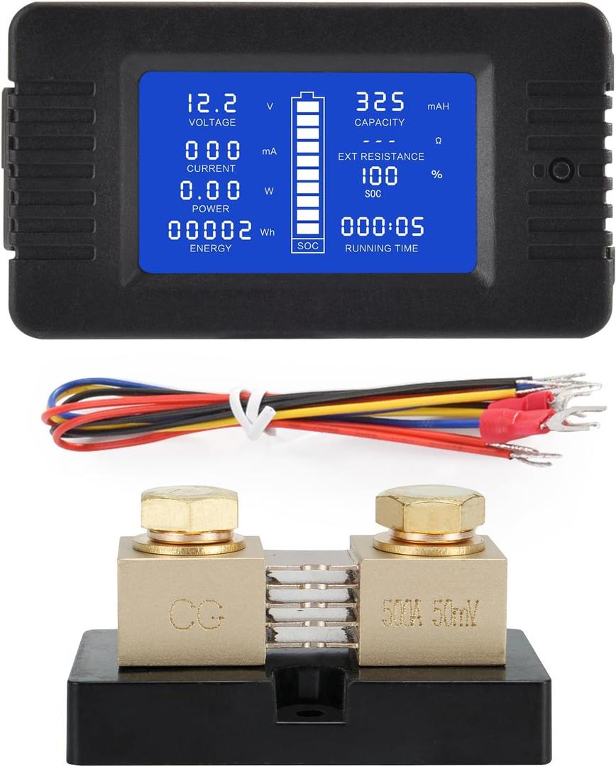 DC Multifunction Battery Monitor Meter with Shunt,0-200V,0-500A, LCD Display Digital Current Multimeter Voltmeter Ammeter for Cars RV Solar,Widely Applied to 12V/24V/48V RV/Car Battery