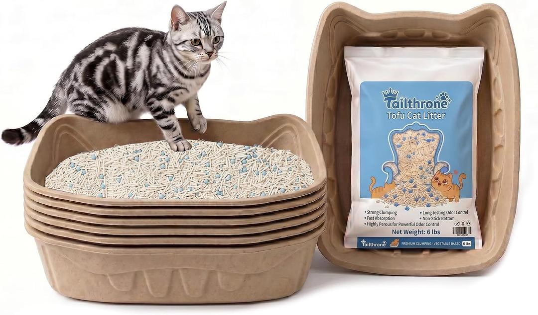 Disposable Cat Litter Box Kit Large, 6 Pack with Tofu Litter