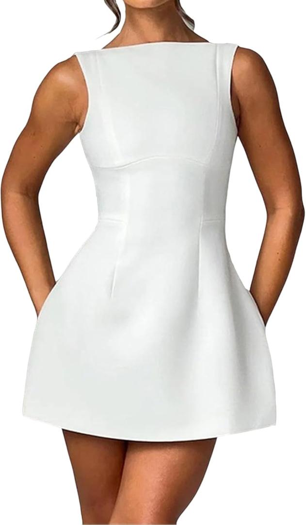 BNGD Women's Backless Vest Basic Dress Sexy Slim Short Dress Sleeveless Open Back Mini Dresses (White, M)
