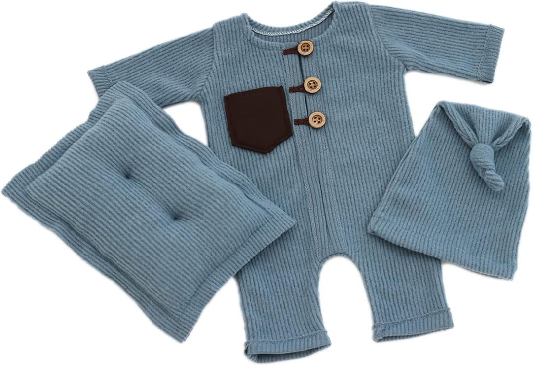Newborn Photography Prop Outfits Set with Onesie Hat Pillow Soft Breathable Baby Boy Girl One Piece Jumpsuit Photoshoot Infant Romper Set (Blue)