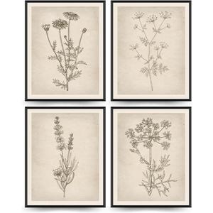 PLKMN Vintage Floral Wall Art Prints Set of 4, Neutral Boho Wildflower Pictures, Minimalist Floral Decor for Bathroom, Kitchen, Farmhouse, 8x10 Inch, Unframed