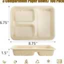 Yesland 100 Pack Compostable Paper Plates, Natural Sugarcane 3 Compartment Plate, Heavy Duty Lunch Tray, Disposable Divided Sectional Trays, Microwave Freezer Safe for Party School