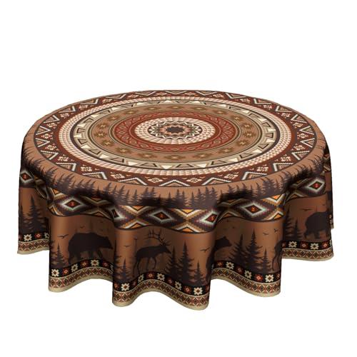 Giwawa Rustic Bear Deer Tablecloth Round 60 Inch Ethnic Geometric Circular Waterproof Table Cover for Party Picnic Kitchen Indoor Outdoor Decor