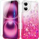 Ruky for iPhone 16 Case with Screen Protector, Glitter Sparkle Flowing Quicksand Waterfall Flexible Soft TPU Protective Women Girls Phone Cover, Gradient Pink