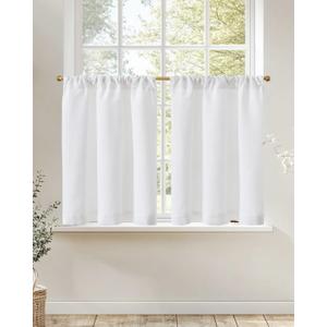 jinchan Linen Kitchen Curtains 36 Inch Rustic Tier Curtains Farmhouse Rod Pocket Cafe Small Window Drapes with Lined Flax Country Light Filtering for Bathroom Laundry Room RV 2 Panels White (26"W x 36"L (Pack of 2), Privacy White)