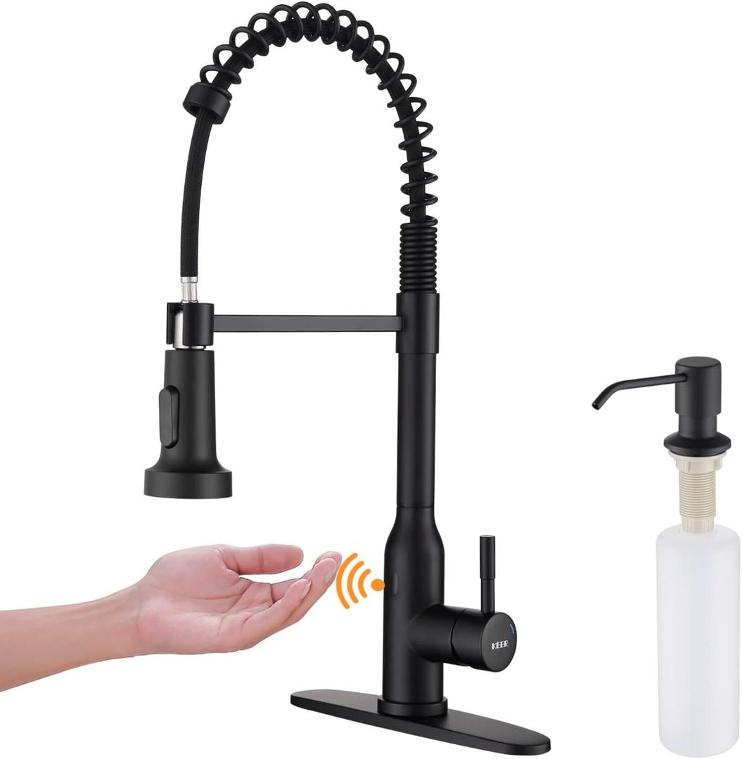 Black Touchless Kitchen Faucet KEER Smart Motion Sensor Hands Free Single Handle Spring Kitchen Sink Faucet with Pull Down Sprayer (Touchless Matte Balck)