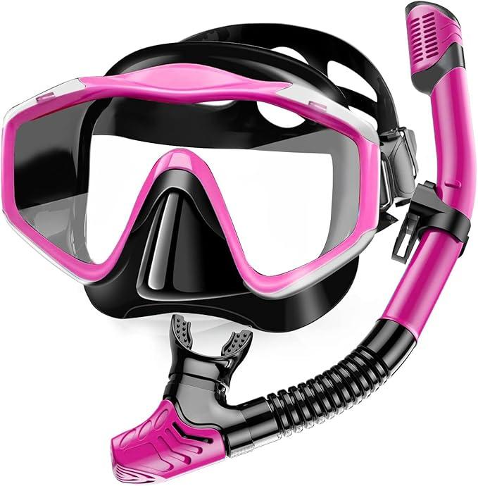 Snorkeling Gear for Adults,Dry-Top Snorkel Set with Tempered Glass,Anti-Fog & Anti-Leak Panoramic Swim Mask, Adjustable Snorkel Kit with Carry Bag for Scuba Diving, Swimming,Travel (Pink/Black) 
