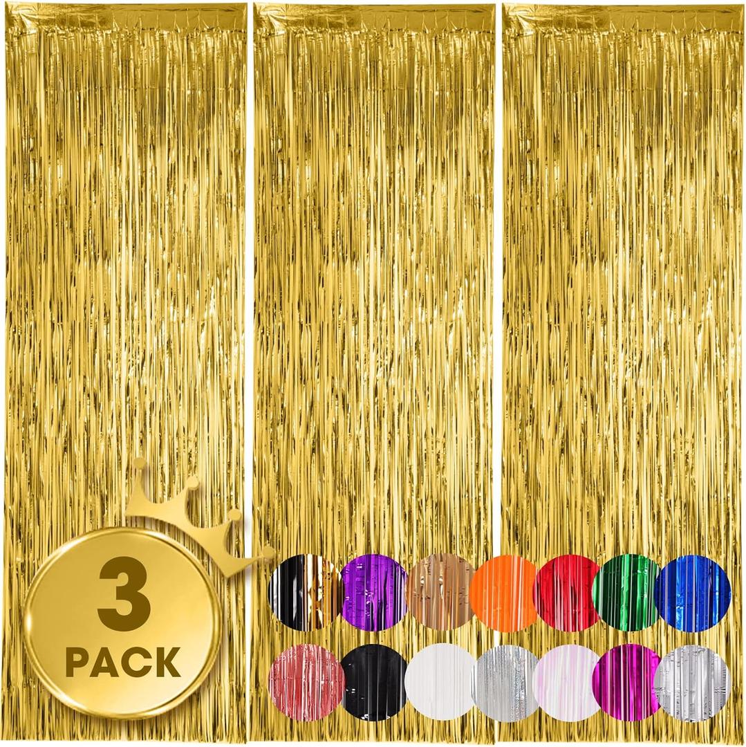 Voircoloria 3 Pack 3.3x8.2 Feet Gold Foil Fringe Backdrop Curtains, Tinsel Streamers, Fringe Backdrop for 2025 New Years Eve, Graduation, Birthday, Baby Shower, Gender Reveal, Disco Party