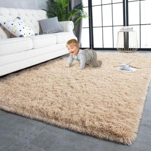TWINNIS Super Soft Shaggy Rugs Fluffy Carpets 8x10 Feet, Indoor Modern Plush Area Rugs for Living Room Bedroom Kids Room Nursery Home Decor, Upgrade Anti-Skid Rectangular Fuzzy Rug, Light Tan