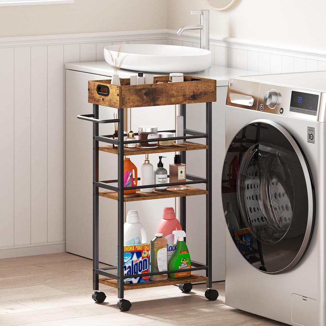 Slim Storage Cart, 4 Tier Rolling Cart with Handle, Rolling Carts with Wheels, Metal Frame Narrow Cart for Small Spaces for Kitchen, Dining Room, Bathroom, Laundry Room, Office (16.5"D x 8.5"W x 34.7"H, Rustic Brown)