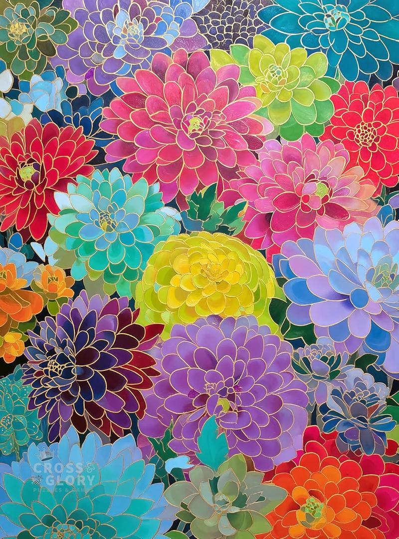 Cross & Glory  Gilded Dahlia Symphony  1000 Piece Jigsaw Puzzle for Adults | Vibrant Floral Mosaic Art Puzzle | Gold Foil Dahlia Artwork | Premium Ribbon-Cut Puzzle with Satin Finish
