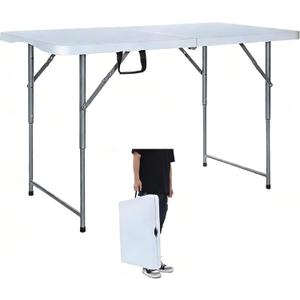 Lakhow Folding Table 4 Foot Portable Heavy Duty Plastic Fold-in-Half Utility Table with Carrying Handle,Indoor Outdoor Small Adjustable Height Folding,Camping and Party,White
