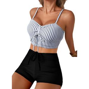 Herseas High Waisted Bikini Sets for Women Floral Print Two Piece Tummy Control Swimsuits Drawstring Short Bathing Suit (White) XL