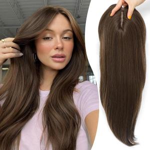 Synthetic Hair Topper with Bangs 18 Inch Layered Toppers for Women with Thinning Hair 5.5" x 5" hand Tied Forehead Hairline 360 3D Cover Wispy Synthetic Toppers Hair for Women Fiber Wiglets (Light Brown)