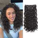 QGZ Curly Clip in Hair Extensions 4PCS Yaki Texture Synthetic Lace Weft Hair Extensions for Women(18inch,Black Brown)