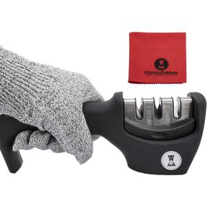 Knife Sharpeners for Steel and Ceramic Kitchen Knives - Manual Handheld System to Safely Sharpen and Hone your Knife - Includes Cut Resistant Glove and Blade Cloth (Black)