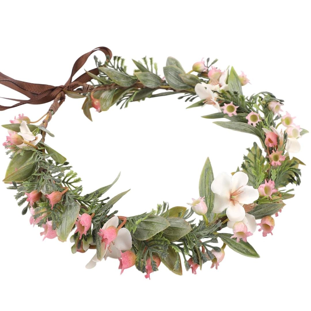 Pink Flower Crown Headband - Handmade Fairy Floral Headbands Green Leaf Flower Headpiece for Women Girls Bridal Renaissance Hair Accessories Birthday Vacation Festival Party Headwear