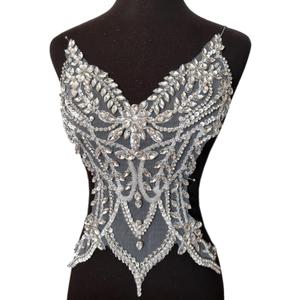 Rhinestones Beaded Bodice Applique Glass Patch Easy to use for Wedding Evening Dance Dress Decoration (White)