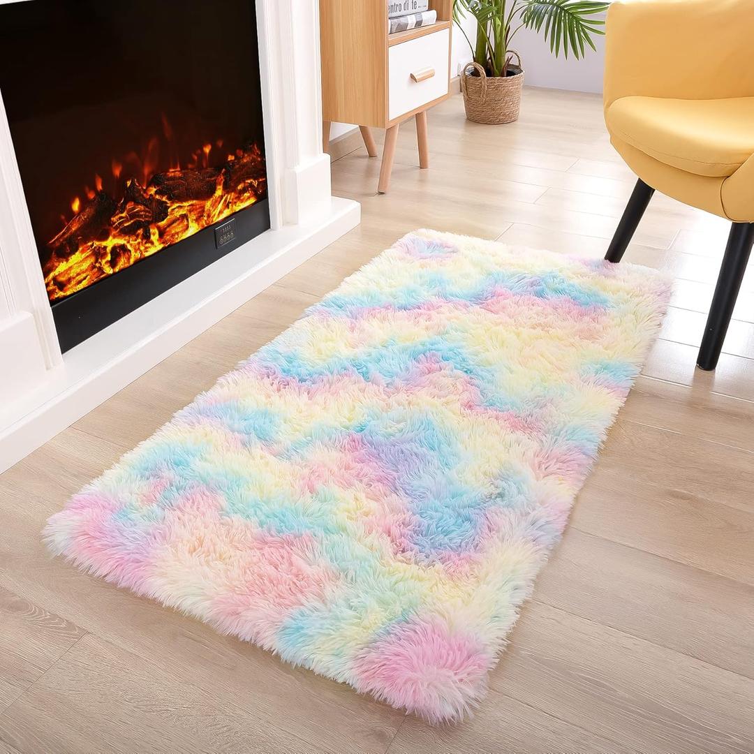 Noahas Fluffy Rainbow Rugs for Bedroom Girls,2x4 Shag Pink Kids Room Rug,Shaggy Area Rugs for Living Room,Soft Fuzzy Colorful Playroom Nursery Dorm Carpets Room Decor