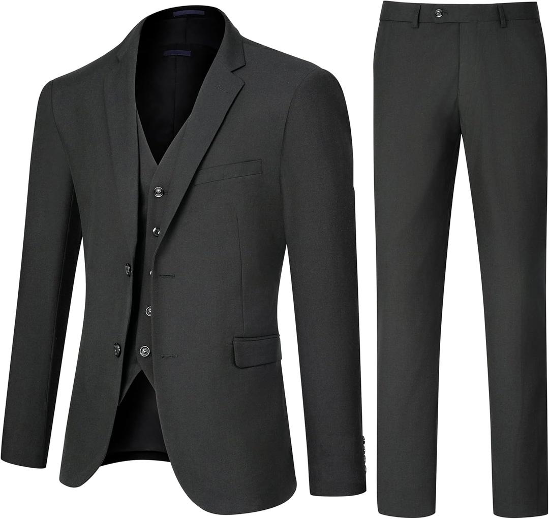 Men's Slim Fit 3 Piece Suit Set, Two Button Solid Blazer Jacket with Multi-Functional Pockets for Business/Party, Medium