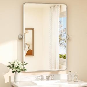 TETOTE Satin Nickel Pivot Rectangle Bathroom Vanity Mirror 24 x 36 Silver Tilt Beveled Mirror, Pivoting Metal Framed Bathroom Wall Mirror for Modern Farmhouse Decor, Horizontal/Vertical