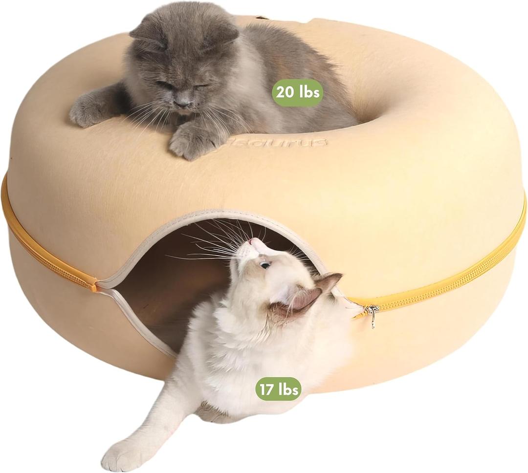 Cattasaurus Peekaboo Cat Cave Donut for Multiple & Large Cats up to 30-45 lbs, 3-in-1 Self Warming Cat Bed, Tunnel & Scratcher for Indoor Cats, Washable & Detachable Dog Bed (Pastel Macaron, Large)