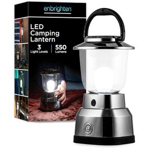 Enbrighten Brushed Nickel LED Camping Lantern, Battery Powered, 550 Lumens, 280 Hour Runtime, Carabiner Handle, Hiking Gear, Emergency Light, Blackout, Storm, Hurricane, 14210