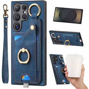 JanCalm Card Slots for Samsung Galaxy S25 Ultra Case Blue, Metal Ring Holder Stand, Wrist Strap, Magnetic Clasp, Leather Shockproof Protective, Wallet Phone Cover