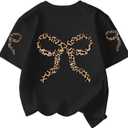 RoseSeek Girl's Bow Leopard Graphic Tees Short Sleeve Preppy Summer T Shirts Aesthetic Cute Tops Streetwear (Black)
