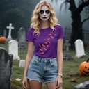 Halloween Shirts for Women Halloween Bats T-Shirt Haunted-Themed Front and Back Printing Tee Tops (Purple, L)