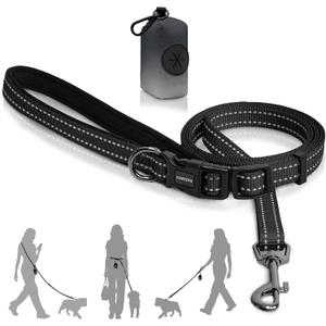 Kazazoo Hands-Free Dog Leash with Poop Bag Holder, Adjustable 4-7 Ft Waist for Dog Walking, Running for Small & Medium Dogs with Reflective Strips, Nylon Waist Belt, Black