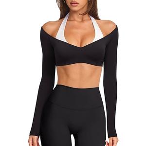 LASLULU Womens Halter Crop Tops Long Sleeve Workout Top with Built in Bra, Medium