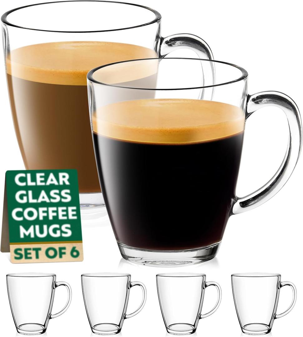 Epar 12 oz Clear Tempered Glass Coffee Mugs Set of 6 for Hot Beverages - Durable - Giftable Tea & Coffee Glass Cup with Handle