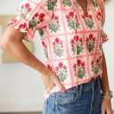 Tankaneo Women Summer Floral Ruffle V Neck Puff Sleeve Boho Tops (Red, L)