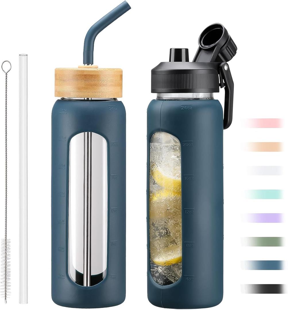 24oz Glass Water Bottle with Straw and 2 Lids-Bamboo and Spout Lid, Borosilicate Glass Water Bottle with Silicone Sleeve and Time Marker,BPA Free & Cupholder Friendly,Dark Blue